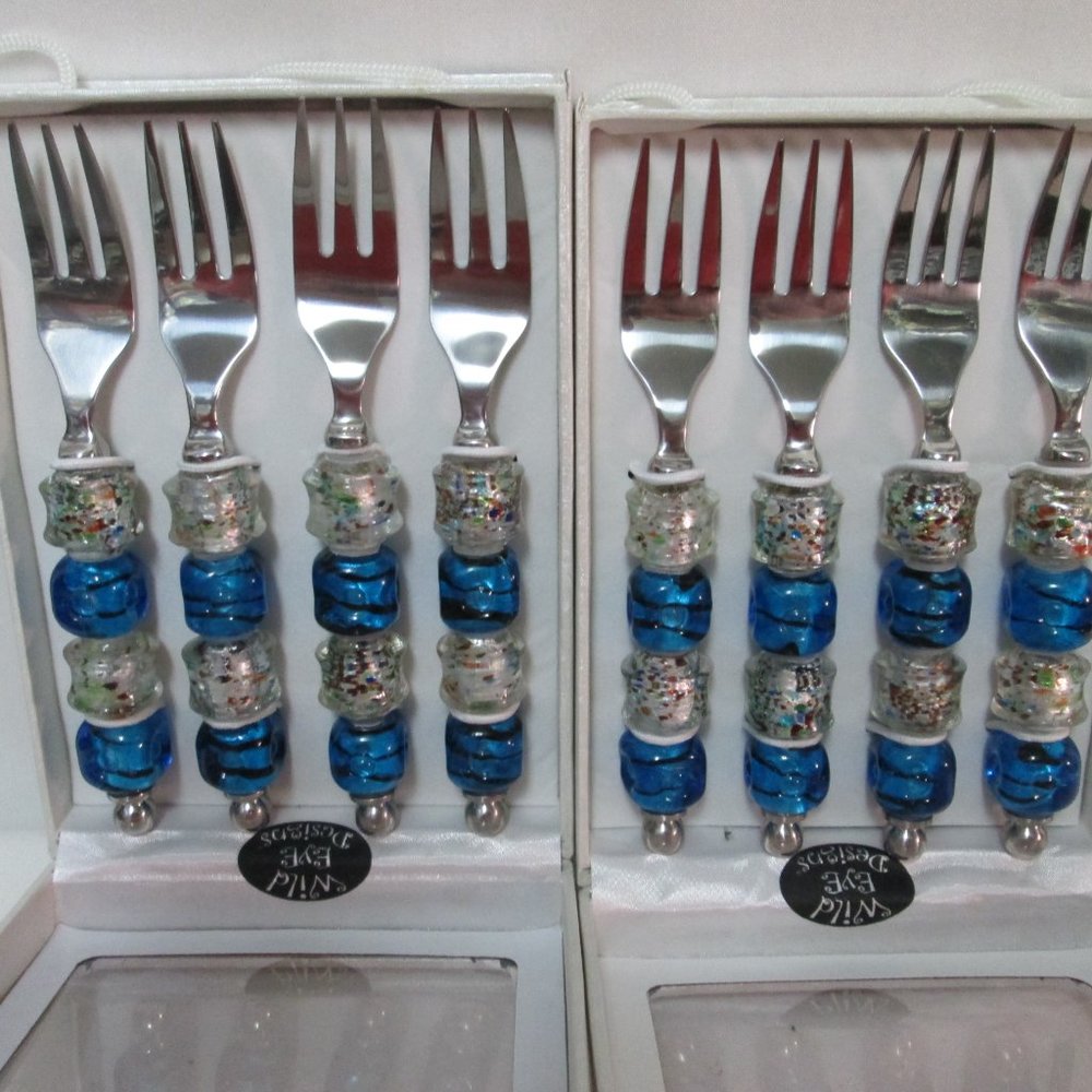 Wild Eye Designs Appetizer Art Glass small Forks silverware blue 2 Sets NEW NIB